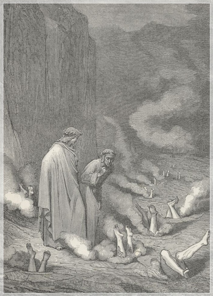 Dante e Virgilio davanti ai simoniaci, conficcati in buche a testa in giù