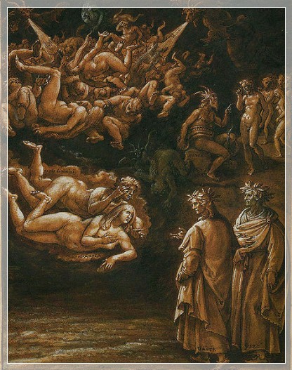Dante e Virgilio che parlano con Paolo e Francesca; in alto i dannati trasportati dalla bufera infernale; sullo sfondo Minosse che giudica le anime
