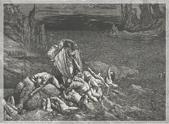 Dante e Virgilio sulla riva dello Stige, dove gli iracondi si percuotono e mordono con rabbia, mentre gli accidiosi sospirano