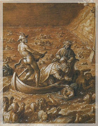 Flegias che traghetta Dante e Virgilio nel mare degli iracondi e accidiosi, verso Dite