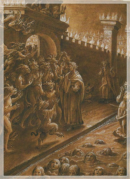 Virgilio parla con i diavoli che impediscono a lui e a Dante di entrare nella fortezza di Dite