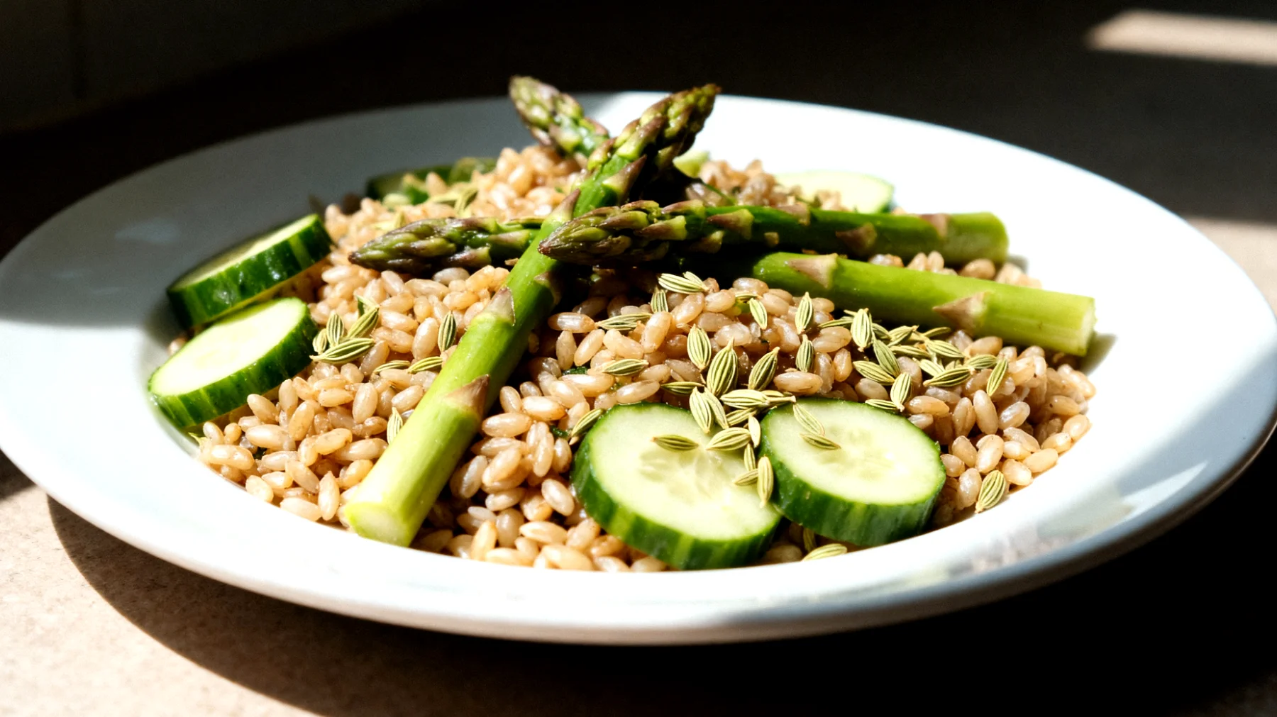Insalata di farro con asparagi, cetrioli e semi di finocchio"