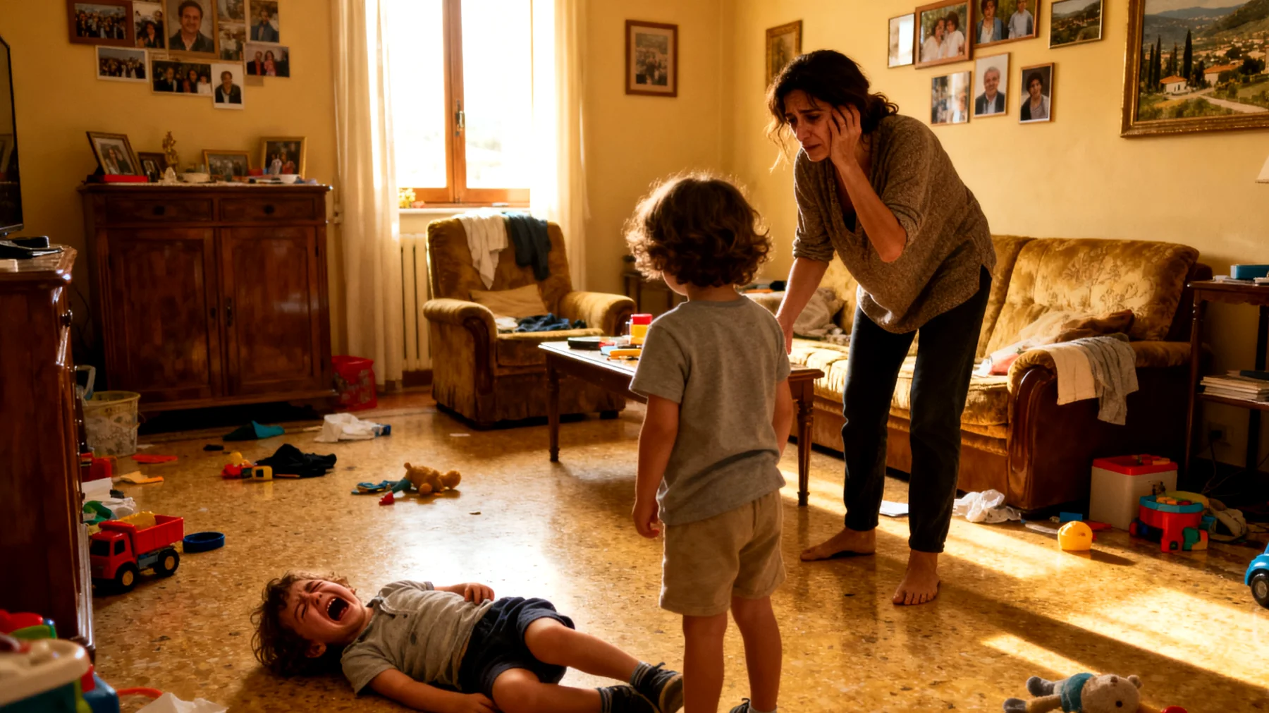 Una mamma alle prese con bambini piccoli che mostrano comportamenti impulsivi, capricci frequenti e atteggiamenti di sfida continua, rendendo difficile la gestione quotidiana e generando frustrazione e senso di inadeguatezza."
